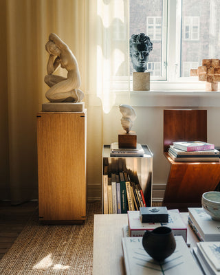 A styled interior scene with multiple sculptures displayed on pedestals and bookshelves in a sunlit room. The most prominent subject is a beige draped female sculpture on a tall wooden pedestal near the window.